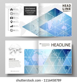 The vector illustration of the editable layout of two covers templates for square design bi fold brochure, magazine, flyer, booklet. World map on blue, geometric technology design, polygonal texture.
