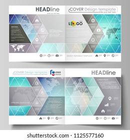 The vector illustration of the editable layout of two covers templates for square design bi fold brochure, magazine, flyer, booklet. Molecule structure, connecting lines and dots. Technology concept.