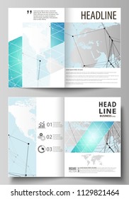 The vector illustration of the editable layout of two A4 format modern cover mockups design templates for brochure, flyer, booklet. Futuristic high tech background, dig data technology concept