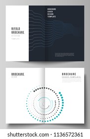 The vector illustration of the editable layout of two A4 format cover mockups design templates with geometric background made from dots, circles, waves for bifold brochure, magazine, flyer, booklet