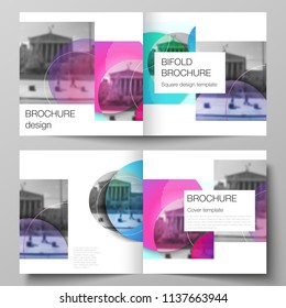 The vector illustration of editable layout of two covers templates for square design bifold brochure, magazine, flyer, booklet. Creative modern bright background with colorful circles and round shapes