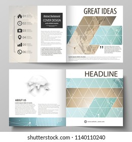 The vector illustration of the editable layout of two covers templates for square design bi fold brochure, magazine, flyer, booklet. Chemistry pattern with molecule structure. Medical DNA research.