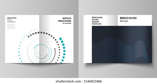 The vector illustration of the editable layout of two A4 format cover mockups design templates with geometric background made from dots, circles, waves for bifold brochure, magazine, flyer, booklet.