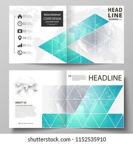 The vector illustration of the editable layout of two covers templates for square design bi fold brochure, magazine, flyer, booklet. Chemistry pattern. Molecule structure. Medical, science background.