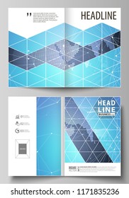 The vector illustration of the editable layout of two A4 format modern cover mockups design templates for brochure, magazine, flyer. Abstract global design. Chemistry pattern, molecule structure.