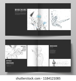The vector illustration of the editable layout of two covers templates for square design bifold brochure, magazine, flyer. Man with glasses of virtual reality. Abstract vr, future technology concept.