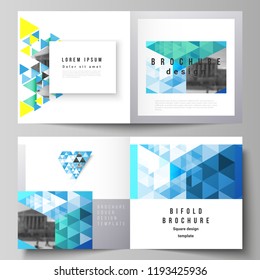 The vector illustration of editable layout of two covers templates for square design bifold brochure, magazine, flyer, booklet. Blue color polygonal background with triangles, colorful mosaic pattern.