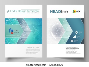 The vector illustration of the editable layout of two A4 format covers with triangles design templates for brochure, flyer, booklet. Chemistry pattern. Molecule structure. Medical, science background.