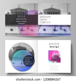 The vector illustration of editable layout of two covers templates for square design bifold brochure, magazine, flyer, booklet. Creative modern bright background with colorful circles and round shapes