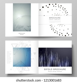 The vector illustration of the editable layout of two covers templates for square design bifold brochure, magazine, flyer, booklet. Technology, science, future concept abstract futuristic backgrounds.