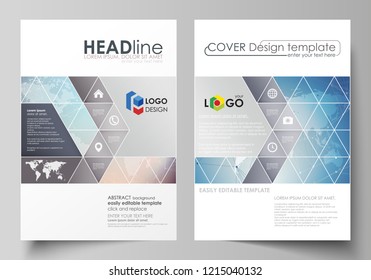 The vector illustration of editable layout of two A4 format covers with triangles design templates for brochure, flyer, booklet. Polygonal geometric linear texture. Global network, dig data concept.
