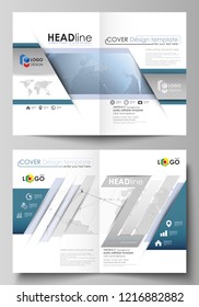 The vector illustration of the editable layout of two A4 format modern cover mockups design templates for brochure, flyer, report. World globe on blue. Global network connections, lines and dots.