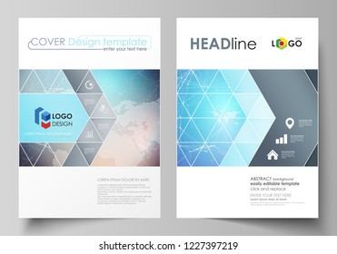 The vector illustration of the editable layout of two A4 format covers with triangles design templates for brochure, flyer, booklet. Molecule structure. Science, technology concept. Polygonal design.