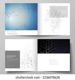 The vector illustration of the editable layout of two covers templates for square design bifold brochure, magazine, flyer, booklet. Technology, science, future concept abstract futuristic backgrounds.