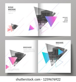 The vector illustration of editable layout of two covers templates for square design bifold brochure, magazine, flyer, booklet. Colorful polygonal background with triangles with modern memphis pattern