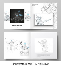 The vector illustration of the editable layout of two covers templates for square design bifold brochure, magazine, flyer. Man with glasses of virtual reality. Abstract vr, future technology concept.