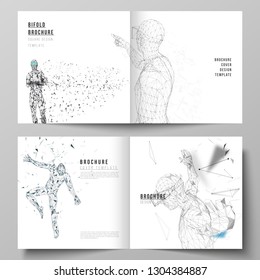 The vector illustration of the editable layout of two covers templates for square design bifold brochure, magazine, flyer. Man with glasses of virtual reality. Abstract vr, future technology concept.