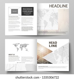 The vector illustration of the editable layout of two covers templates for square design bi fold brochure, magazine, flyer, booklet. Global network connections, technology background with world map.