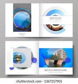 The vector illustration of the editable layout of two covers templates for square design bifold brochure, magazine, flyer, booklet. Creative modern blue background with circles and round shapes.