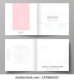 The vector illustration of the editable layout of two covers templates for square design bifold brochure, magazine, flyer, booklet. Topographic contour map, abstract monochrome background.