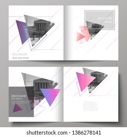 The vector illustration of editable layout of two covers templates for square design bifold brochure, magazine, flyer, booklet. Colorful polygonal background with triangles with modern memphis pattern