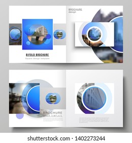 The vector illustration of the editable layout of two covers templates for square design bifold brochure, magazine, flyer, booklet. Creative modern blue background with circles and round shapes.