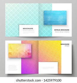 The vector illustration of editable layout of two covers templates for square design bifold brochure, magazine, flyer, booklet. Abstract geometric pattern with colorful gradient business background