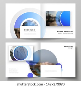 The vector illustration of the editable layout of two covers templates for square design bifold brochure, magazine, flyer, booklet. Creative modern blue background with circles and round shapes.