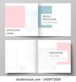 The vector illustration of the editable layout of two covers templates for square design bifold brochure, magazine, flyer, booklet. Topographic contour map, abstract monochrome background.