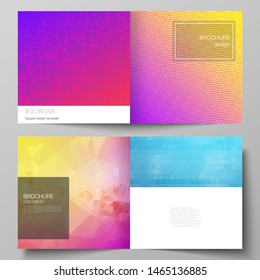The vector illustration of editable layout of two covers templates for square design bifold brochure, magazine, flyer, booklet. Abstract geometric pattern with colorful gradient business background