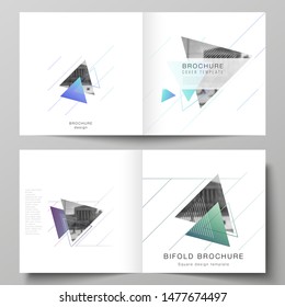 The vector illustration of editable layout of two covers templates for square design bifold brochure, magazine, flyer, booklet. Colorful polygonal background with triangles with modern memphis pattern