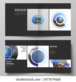 The vector illustration of the editable layout of two covers templates for square design bifold brochure, magazine, flyer, booklet. Creative modern blue background with circles and round shapes.