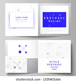 The vector illustration of the editable layout of two covers templates for square design bifold brochure, magazine, flyer, booklet. Abstract vector background with fluid geometric shapes.