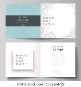 The vector illustration of the editable layout of two covers templates for square design bifold brochure, magazine, flyer, booklet. Topographic contour map, abstract monochrome background.