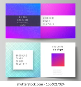 The vector illustration of editable layout of two covers templates for square design bifold brochure, magazine, flyer, booklet. Abstract geometric pattern with colorful gradient business background