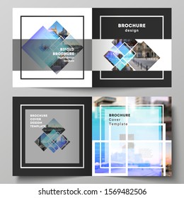 The vector illustration of the editable layout of two covers templates for square design bifold brochure, magazine, flyer, booklet. Creative trendy style mockups, blue color trendy design backgrounds.