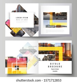The vector illustration of the editable layout of two covers templates for square design bifold brochure, magazine, flyer, booklet. Creative trendy style mockups, blue color trendy design backgrounds.