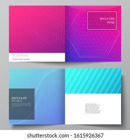 The vector illustration of editable layout of two covers templates for square design bifold brochure, magazine, flyer, booklet. Abstract geometric pattern with colorful gradient business background