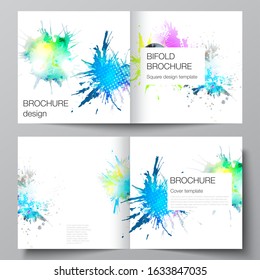The vector illustration of the editable layout of two covers templates for square design bifold brochure, magazine, flyer, booklet. Colorful watercolor paint stains vector backgrounds.