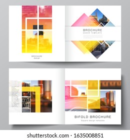 The vector illustration of the editable layout of two covers templates for square design bifold brochure, magazine, flyer, booklet. Creative trendy style mockups, blue color trendy design backgrounds.