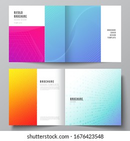 The vector illustration of editable layout of two covers templates for square design bifold brochure, magazine, flyer, booklet. Abstract geometric pattern with colorful gradient business background