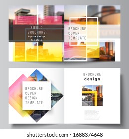 The vector illustration of the editable layout of two covers templates for square design bifold brochure, magazine, flyer, booklet. Creative trendy style mockups, blue color trendy design backgrounds.