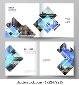 The vector illustration of the editable layout of two covers templates for square design bifold brochure, magazine, flyer, booklet. Creative trendy style mockups, blue color trendy design backgrounds.