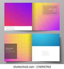 The vector illustration of editable layout of two covers templates for square design bifold brochure, magazine, flyer, booklet. Abstract geometric pattern with colorful gradient business background