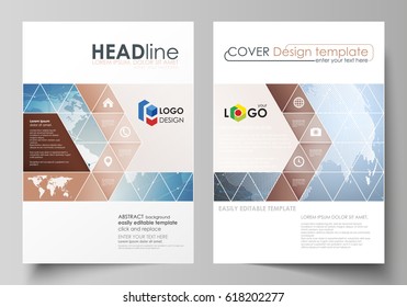 The vector illustration of the editable layout of two A4 format covers with triangles design templates for brochure, flyer, booklet. Scientific medical DNA research. Science or medical concept