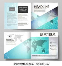 The vector illustration of the editable layout of two covers templates for square design bi fold brochure, magazine, flyer, booklet. Molecule structure, connecting lines and dots. Technology concept.