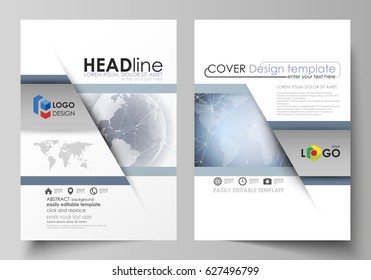 The vector illustration of the editable layout of two A4 format modern covers design templates for brochure, magazine, flyer, report. Abstract futuristic network shapes. High tech background.