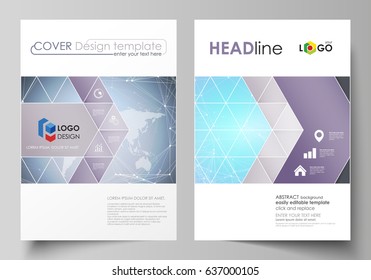 The vector illustration of the editable layout of two A4 format covers with triangles design templates for brochure, flyer, booklet. Polygonal texture. Global connections, futuristic geometric concept