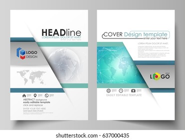 The vector illustration of the editable layout of two A4 format modern covers design templates for brochure, magazine, flyer, report. Chemistry pattern. Molecule structure. Medical, science background