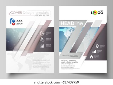 The vector illustration of editable layout of two A4 format modern covers design templates for brochure, magazine, flyer, report. Polygonal geometric linear texture. Global network, dig data concept.